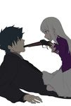  1girl at_gunpoint black_eyes black_hair emiya_kiritsugu eye_contact facial_hair fate/stay_night fate/zero fate_(series) father_and_daughter from_side gun gun_in_mouth handgun holding holding_weapon illyasviel_von_einzbern labcoat long_hair looking_at_another lying necktie on_back open_mouth purple_shirt red_eyes see_eea shirt short_hair simple_background skirt stubble thompson/center_contender weapon white_background white_hair white_skirt 