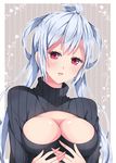  ahoge black_sweater breasts cleavage cleavage_cutout large_breasts light_blue_hair long_hair matoi_(pso2) meme_attire milkpanda open-chest_sweater phantasy_star phantasy_star_online_2 pink_eyes solo sweater turtleneck twintails 