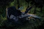  ambiguous_gender avian beak black_beak black_feathers claws day detailed_background digital_media_(artwork) duo feathered_wings feathers forest grass gryphon isvoc lying moss outside tree wings yellow_beak 