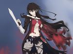  1girl armor bare_shoulders belt black_hair breasts chains cleavage navel open_mouth short_shorts shorts tales_of_(series) tales_of_berseria torn_clothes underboob velvet_crowe very_long_hair weapon yellow_eyes 