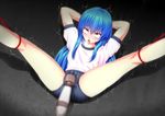  ahegao arms_behind_head bdsm blue_hair bondage bound bound_arms buruma commentary_request forced_orgasm gym_uniform highres hinanawi_tenshi hitachi_magic_wand long_hair mofupaka red_eyes restrained solo spread_legs touhou trembling very_long_hair 