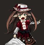  :d bangs black_background black_bow blush bow brown_hair collared_dress dress drusilla fangs granblue_fantasy green_eyes hair_between_eyes harvin hat hat_bow index_finger_raised long_hair long_sleeves looking_at_viewer mash_donburi open_mouth pointing pointy_ears puffy_long_sleeves puffy_sleeves red_bow red_dress shirt_tug simple_background smile solo_focus twintails white_hat 