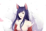  absurdres ahri animal_ears bare_shoulders black_hair breasts cleavage collarbone detached_sleeves facial_mark fox_ears fox_tail highres korean_clothes large_breasts league_of_legends lips long_hair looking_at_viewer low_neckline multiple_tails petals simple_background slit_pupils solo tail whisker_markings white_background yellow_eyes zhiwu 