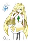  bare_arms blonde_hair closed_mouth dress gen_5_pokemon green_eyes highres leggings long_hair lusamine_(pokemon) maid-san_(artist) multicolored multicolored_clothes multicolored_legwear pokemon pokemon_(creature) pokemon_(game) pokemon_sm signature simple_background sleeveless sleeveless_dress smile solo two-tone_legwear vanillish very_long_hair white_background white_dress 