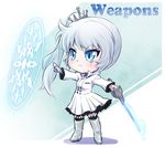  alternate_costume blue_eyes boots chibi english glyph holding iesupa left-handed long_hair myrtenaster ponytail rwby scar solo sword weapon weiss_schnee white_hair 