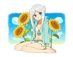  1girl barefoot bikini blue_hair child collarbone feet flat_chest flower future_card_buddyfight jacket long_hair midriff moyori navel plant sofia_sakharov solo sunflower swimsuit wariza 