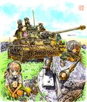  abyuukyo_(abyukyo) akiyama_yukari alternate_costume anglerfish arm_support artist_name backlighting black_hair brown_eyes brown_hair car caterpillar_tracks cloud cup dated day fisheye girls_und_panzer graphite_(medium) grass ground_vehicle hairband hat hatch headset house isuzu_hana kneeling leaning_forward lens_flare long_hair military military_uniform military_vehicle mixed_media morse_code motor_vehicle mug multiple_girls neck_ribbon nishizumi_miho panzerfaust panzerkampfwagen_iv peaked_cap radio reizei_mako ribbon road school_uniform short_hair signature sitting sky takebe_saori tank town traditional_media uniform weapon well 