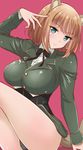  animal_ears aqua_eyes arm_support black_panties brave_witches breasts brown_hair gundula_rall hasemi_ryou large_breasts looking_at_viewer military military_uniform panties pantyshot ribbon short_hair sitting smile solo tail underwear uniform wolf_ears wolf_tail world_witches_series 