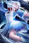  1girl boot breasts corset cross dress highres long_hair motion_lines rwby sakimichan scar signature silver_eyes sky snow solo sword thighhighs watermark weapon weiss_schnee white_dress white_hair 