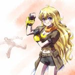  1girl blonde_hair dizzy_(feeling) ember_celica_(rwby) grin hei_junior_xiong highres iesupa lying navel on_back purple_eyes rwby scarf smile yang_xiao_long 