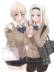  aleksandra_i_pokryshkin alternate_costume bad_id bad_pixiv_id bag black_legwear blonde_hair blue_eyes brand_name_imitation brave_witches cardigan coffee coffee_cup commentary cup disposable_cup drinking_straw hairband highres holding holding_cup long_hair looking_at_viewer multiple_girls nail_polish nikka_edvardine_katajainen open_collar pantyhose pink_nails plaid plaid_skirt pleated_skirt school_uniform shopping_bag short_hair simple_background skirt starbucks suto_(iamsuto) v white_background world_witches_series 