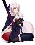  &gt;:( artoria_pendragon_(all) black_dress black_gloves black_legwear bow bowtie cape closed_mouth commentary_request dark_excalibur dress fate/grand_order fate_(series) from_side frown fur_trim gloves hat holding holding_sword holding_weapon looking_at_viewer looking_to_the_side pantyhose pom_pom_(clothes) sack santa_alter santa_hat serious short_dress silver_hair sitting solo sunahara_(toki0707) sword thighhighs v-shaped_eyebrows weapon yellow_eyes 