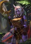  absurdres armlet breasts cape closed_eyes covered_nipples earrings highres holding holding_staff hoop_earrings horn hou_akira jewelry large_breasts leaf league_of_legends long_hair outdoors pointy_ears ponytail pouch purple_skin red_cape sideboob solo soraka staff standing tattoo very_long_hair white_hair 