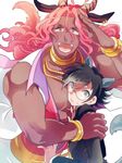  abs animal_ears argon_(show_by_rock!!) black_hair chain dark_skin dark_skinned_male earrings gakuran gazelle_ears gazelle_horns glasses gold_chain grey_eyes hakkun horns jewelry long_hair male_focus maruboku multiple_boys muscle pink_eyes pink_hair salute school_uniform show_by_rock!! simple_background size_difference tail white_background 