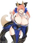  1girl animal_ears bare_shoulders black_legwear breasts caster_(fate/extra) cleavage detached_sleeves dress fate/extella fate/extra fate_(series) female fox_ears fox_tail hair_ornament hair_ribbon highres huge_breasts japanese_clothes long_hair looking_at_viewer miniskirt muneneko open_mouth orange_eyes red_hair ribbon simple_background skirt solo standing tail thighhighs twintails white_background 