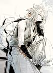  bow chin_rest hair_bow hakama icylove japanese_clothes kogitsunemaru long_hair male_focus red_eyes sitting solo touken_ranbu white_hair 