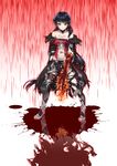  1girl armor bare_shoulders belt black_hair blood boots breasts coat navel reflection short_shorts shorts tales_of_(series) tales_of_berseria torn_clothes underboob velvet_crowe very_long_hair yellow_eyes 