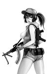  baseball_cap belt boots breasts fio_germi glasses gloves greyscale gun hat jojo218 large_breasts metal_slug midriff military monochrome ponytail shorts solo weapon 