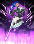  alternate_costume asymmetrical_hair blue_hair bodysuit cyberspace_sombra highres looking_at_viewer multicolored_hair overwatch solo sombra_(overwatch) sunkilow two-tone_hair 