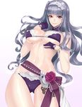  ass_visible_through_thighs bangs blunt_bangs bra bracelet breasts covered_nipples damegane flower gloves hairband half_gloves highres idolmaster idolmaster_(classic) jewelry large_breasts long_hair looking_at_viewer navel panties purple_bra purple_eyes purple_gloves purple_panties revision rose shijou_takane silver_hair smile solo thigh_gap underwear 