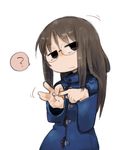  :| ? brown_eyes brown_hair closed_mouth coat glasses jitome long_hair masha minakami_mai motion_lines nichijou penetration_gesture simple_background solo spoken_question_mark white_background 