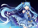  ahoge blue_eyes blue_hair cowboy_shot detached_sleeves dress fingerless_gloves floating_hair gloves hair_ornament hair_ribbon hairclip hatsune_miku kail long_hair open_mouth ribbon snowflake_hair_ornament solo star_night_snow_(vocaloid) twintails very_long_hair vocaloid yuki_miku 