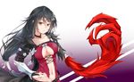  1girl armor belt black_hair breasts brown_eyes cleavage coat navel purple_background tales_of_(series) tales_of_berseria underboob velvet_crowe very_long_hair 