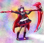  black_hair boots cape crescent_rose full_body iesupa looking_at_viewer pantyhose red_cape ruby_rose rwby scythe short_hair smile solo 