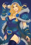 artist_request blonde_hair blue_eyes breasts cape defense_of_the_ancients dota_2 forehead_jewel fur_trim hood long_hair rylai_crestfall solo 