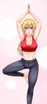  arms_up barefoot blonde_hair breasts cleavage highres kawakami_mai large_breasts midriff mole mole_under_eye musaigen_no_phantom_world navel open_mouth pants pink_background ponytail purple_eyes solo standing standing_on_one_leg sweat tank_top twrlare yoga yoga_pants 