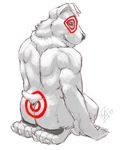  2010 black_nose bull_terrier bullseye_(target) canine dog fur grin kneeling looking_at_viewer looking_back male mammal nude raised_tail rear_view rrowdybeast simple_background sketch solo target white_background white_fur 