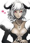  black_nails breasts collarbone demon_girl demon_horns fur_trim horns jewelry jinbei large_breasts nail_polish original pendant red_eyes ring signature solo succubus upper_body white_hair 