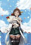  2016 artist_name balloon boots bouquet brown_hair closed_eyes cloud commentary_request confetti dated day detached_sleeves flower frilled_skirt frills grin hiei_(kantai_collection) kantai_collection lansane nontraditional_miko ribbon-trimmed_sleeves ribbon_trim short_hair signature skirt sky smile solo thigh_boots thighhighs wide_sleeves 