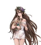  bare_shoulders breasts brown_hair cleavage granblue_fantasy head_wreath holding large_breasts long_hair looking_at_viewer minaba_hideo naked_towel official_art rosetta_(granblue_fantasy) smile solo towel transparent_background very_long_hair 