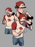  baseball_cap blush brown_eyes brown_hair clothes_writing commentary denim embarrassed english_commentary flying_sweatdrops grey_background hat highres jeans kendy_(revolocities) male_focus multiple_views muscle pants pokemon pokemon_(game) pokemon_sm raglan_sleeves red_(pokemon) shirt simple_background t-shirt 