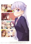  :d absurdres ahagon_umiko arms_behind_back blonde_hair blue_eyes bow brown_eyes brown_hair business_suit collarbone dark_skin eyebrows eyebrows_visible_through_hair formal glasses green_eyes grin hair_bobbles hair_bow hair_ornament hazuki_shizuku hedgehog highres holding iijima_yun long_hair looking_at_viewer multiple_girls neck_ribbon new_game! official_art open_mouth paneled_background pink_ribbon ponytail purple_eyes purple_hair red_bow ribbon sakura_nene shinoda_hajime short_hair skirt_suit smile soujirou_(new_game!) striped suit suzukaze_aoba takimoto_hifumi tokunou_shoutarou tooyama_rin twintails v yagami_kou 