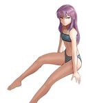  arms_at_sides bandeau bangs barefoot bikini blue_bikini breasts closed_mouth feet from_side full_body green_eyes hair_between_eyes hidezi legs light_smile lips long_hair long_legs looking_to_the_side navel original parted_bangs purple_hair sidelocks simple_background sketch small_breasts smile solo spread_legs strapless strapless_bikini swimsuit white_background 