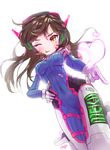  ;p animal_print backlighting bad_id bad_pixiv_id bangs bodysuit bracer breasts brown_eyes brown_hair bunny_print clothes_writing covered_navel cowboy_shot d.va_(overwatch) dutch_angle facepaint facial_mark finger_gun foreshortening hand_on_hip headphones heart high_collar highres long_hair looking_at_viewer medium_breasts mullpull one_eye_closed overwatch pilot_suit pointing pointing_at_viewer ribbed_bodysuit shoulder_pads simple_background skin_tight solo swept_bangs tongue tongue_out whisker_markings white_background 