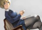  absurdres black_legwear black_neckwear blonde_hair blue_eyes blue_skirt blue_sweater breasts chair closed_mouth collared_shirt crossed_legs cup darjeeling dress_shirt eyebrows eyebrows_visible_through_hair eyelashes from_side girls_und_panzer grey_background hair_between_eyes highres holding holding_cup legs long_sleeves looking_at_viewer looking_to_the_side medium_breasts necktie pantyhose saucer school_uniform shirt short_hair simple_background sitting skirt smile solo st._gloriana's_school_uniform sweater teacup thighband_pantyhose thighs v-neck white_shirt wing_collar yomu_(sgt_epper) 
