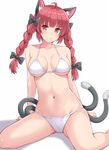  ahoge alternate_costume animal_ears arms_behind_back backlighting bangs bikini blush bow braid breasts cat_ears hair_bow hasu_(hk_works) kaenbyou_rin looking_at_viewer medium_breasts multiple_tails navel red_eyes red_hair shiny shiny_hair shiny_skin short_hair simple_background sitting smile solo swimsuit tail thighs touhou twin_braids two_tails wariza white_background white_bikini 