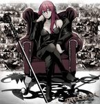  arm_rest black_footwear boots breasts chair chemise chin_rest collarbone crossed_legs full_body green_eyes head_rest headphones jacket jinbei long_hair medium_breasts megurine_luka off_shoulder pink_hair sitting skull solo spaghetti_strap sword tattoo vocaloid weapon 