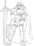  anthro belt big_breasts boots breasts canine cape chest_tuft clothed clothing collar dipstick_tail elbow_gloves female fluffy fluffy_tail footwear fox gloves hand_on_hip holding_object holding_weapon huge_breasts legwear looking_at_viewer mammal melee_weapon monochrome multicolored_tail simple_background sketch skimpy smile solo sword thigh_highs tuft weapon white_background wolfkidd 