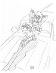  2016 anthro armpits big_breasts bottomless breasts car cervine cleavage clothed clothing collar deer ear_tag female hands_behind_head huge_breasts mammal nipple_bulge nipple_slip open_mouth pussy reclining sketch skimpy solo text tongue tongue_out torn_clothing vehicle wolfkidd 