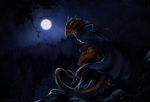  anthro claws cloak clothing detailed_background digital_media_(artwork) dragon green_eyes hair horn isvoc male moon night orange_hair outside solo 