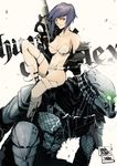  1girl belt breasts cleavage collarbone crossover ghost_in_the_shell glowing glowing_eyes green_eyes gun jacket jinbei knee_up kusanagi_motoko large_breasts leotard off_shoulder one_knee predator predator_(movie) purple_hair red_eyes signature sitting sitting_on_person smile thighhighs trigger_discipline weapon 