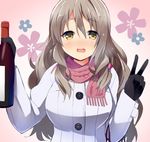  9law :d blush bottle brown_hair coat commentary_request drunk eyebrows eyebrows_visible_through_hair floral_background gloves jacket kantai_collection long_hair looking_at_viewer no_hat no_headwear nose_blush open_mouth pink_background pola_(kantai_collection) scarf smile solo upper_body v wine_bottle yellow_eyes 