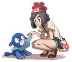  &gt;:( bag bare_legs beanie black_eyes black_hair commentary english_commentary frown gen_7_pokemon hat mariel_cartwright mizuki_(pokemon) pokemon pokemon_(creature) pokemon_(game) pokemon_sm popplio red_hat shadow shirt short_hair shorts simple_background smile squatting t-shirt v-shaped_eyebrows 