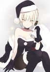  artoria_pendragon_(all) bare_shoulders black_gloves black_legwear blonde_hair boots breasts cleavage fate/grand_order fate/stay_night fate_(series) gloves hat looking_at_viewer lpip medium_breasts pantyhose sack santa_alter santa_hat simple_background sitting sleeveless solo thigh_boots thighhighs yellow_eyes 