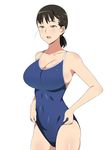  adjusting_clothes adjusting_swimsuit black_hair breasts brown_eyes cameltoe cleavage competition_school_swimsuit covered_navel freckles highres kagemusha large_breasts one-piece_swimsuit open_mouth original ponytail school_swimsuit simple_background solo swimsuit teeth white_background 