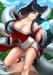  &gt;:) ahri animal_ears bangs bare_shoulders black_hair braid breasts cleavage closed_mouth collarbone commentary cowboy_shot day detached_sleeves dress energy_ball fox_ears fox_tail korean_clothes large_breasts league_of_legends leg_up long_hair long_sleeves low_neckline metalbolic multiple_tails outdoors short_dress sidelocks single_braid slit_pupils smile solo tail tree v-shaped_eyebrows very_long_hair whisker_markings wide_sleeves yellow_eyes 